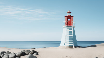 Fototapeta premium Small turquoise lighthouse with red roof and white ladder, on empty sand beach by the blue sea. Calm coastal landscape on a summer day. Peaceful ocean. Minimalist retro style image.
