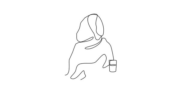 Animated self drawing of a Muslim woman is preparing a menu for breaking the fast with dates and drinks video illustration. Ramadhan Mubarak activity illustration in simple linear style video design.