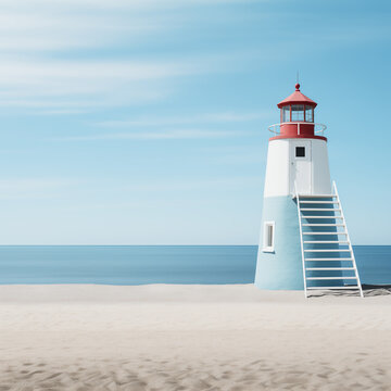Traditional lighthouse with white ladder, on empty sand beach by the blue ocean. Calm coastal landscape on a summer day. Peaceful sea. Minimalist retro style image, pastel tones.