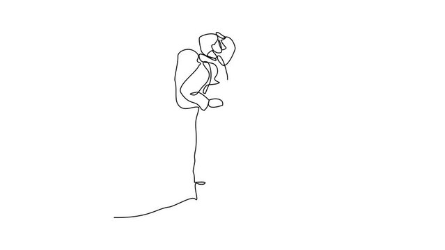 Animated self drawing of a man is climbing a mountain carrying a carrier bag on his back video illustration. Hiking and climbing activity illustration in simple linear style video design concept.