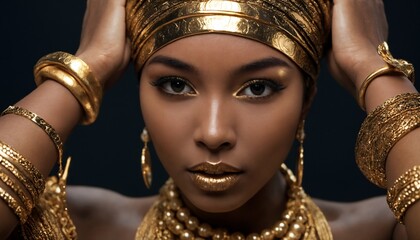 African Woman in Gold Make-up Close-up Portrait