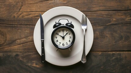 Plate with alarm clock and cutlery. Concept of intermittent fasting, lunch, diet and weight loss - obrazy, fototapety, plakaty