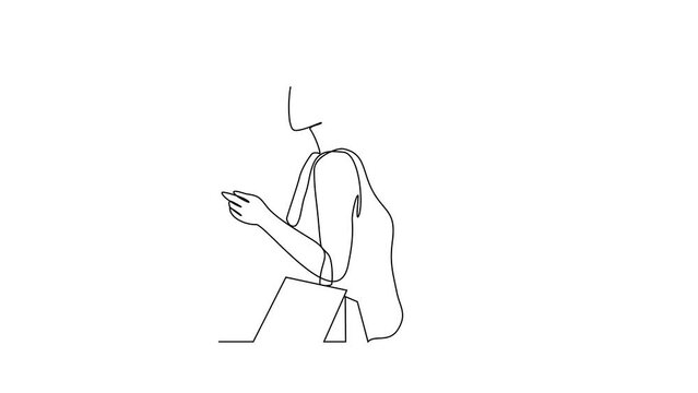 Animated self drawing of a woman is shopping and carrying bags of her shopping in the store video illustration. woman shopping activity illustration in simple linear style video design concept.
