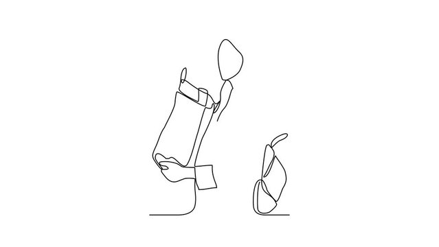 Animated self drawing of a woman is shopping and carrying bags of her shopping in the store video illustration. woman shopping activity illustration in simple linear style video design concept.