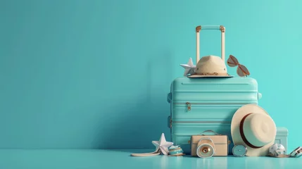Poster Suitcase with travel accessories on blue background. 3d rendering © Jalal