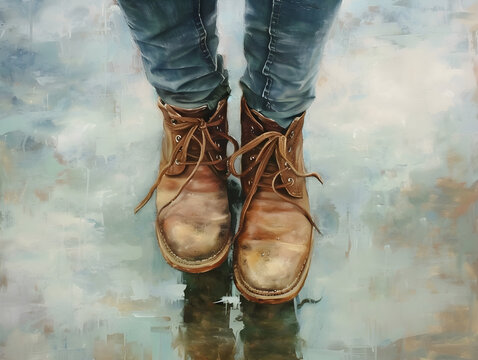 Vintage Brown Leather Boots on Textured Background - Concept of Travel, Adventure, and Rugged Style