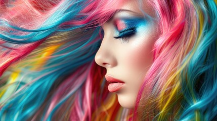 Beautiful woman with multi-colored hair and creative make up and hairstyle. Beauty face