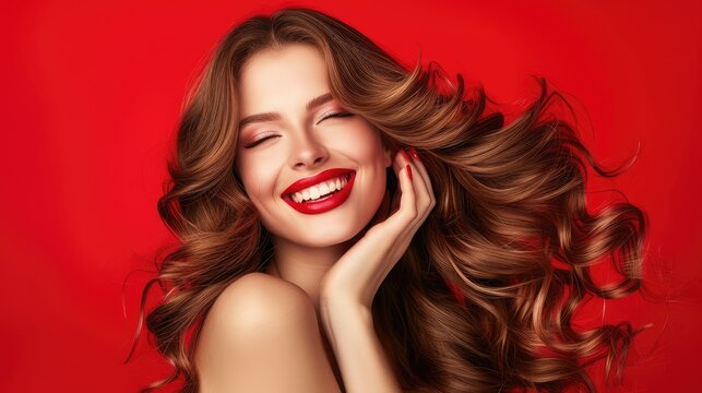 Beautiful smiling woman with long wavy hair . Girl curly hairstyle and red manicure nails . Beauty ,makeup and cosmetics .