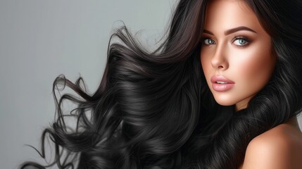 Naklejka premium Beauty brunette girl with long and shiny wavy black hair . Beautiful woman model with curly hairstyle