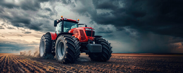 A powerful red tractor drives across a huge field under a dramatic stormy sky, highlighting the...