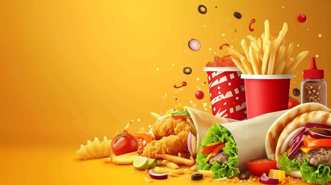 take away fast food products Kebab, pita, gyros, shaurma, wrap sandwich with french fries and nuggets meal, junk food and unhealthy food. banner, menu, recipe place for text.