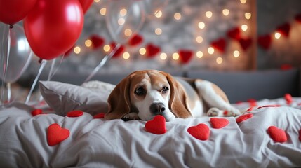 Valentine's Day greeting card. The beagle dog is lying on a bed in a room decorated with helium balloons and hearts.