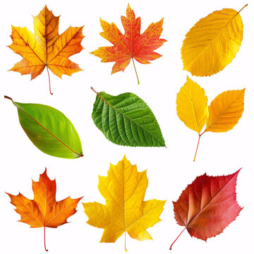 Autumnal Mosaic: A Collection of Vibrant Fall Leaves in a Spectrum of Colors, isolated on white background with full depth of field and deep focus fusion
