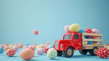 Wooden toy truck loaded with colorful Easter eggs on blue background with copy space. 3D Rendering, 3D Illustration