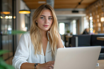Young Professional Woman with Long Blonde Hair Working on Laptop at Modern Office