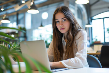 Confident Young Woman with Long Brown Hair  Working on Laptop in Co-working Space
