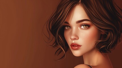 Portrait of a beautiful brown-haired woman with a short haircut on a brown background