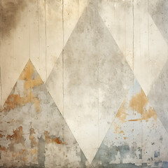 Faded retro wallpaper with gray and orange triangular pattern. Old concrete texture with faint...