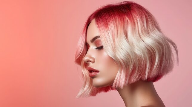 Ombre bob short hairstyle. Beautiful hair coloring woman. Trendy haircuts. Blond model with short shiny hairstyle. Concept Coloring Hair. Beauty Salon.