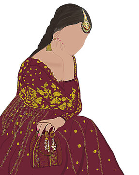 Indian Wedding Bride in traditional Indian Red Dress, Beautiful Bride illustration for save the date and wedding e-invite.

