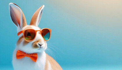 Funny rabbit in trendy orange sunglasses. Easter Bunny, Pastel blue background. Copy space for text. 