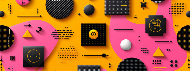 Harmonious Contrasts: An Enchanting Yellow and Pink Mural Adorned With Playful and Diverse Shapes