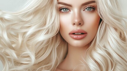 Beautiful girl with hair coloring in ultra blond. Stylish hairstyle done in a beauty salon. Fashion, cosmetics and makeup