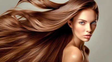 Obraz premium Beautiful model girl with shiny brown and straight long hair . Keratin straightening . Treatment, care and spa procedures. Smooth hairstyle