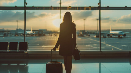 Woman at Airport, Business Trip - obrazy, fototapety, plakaty