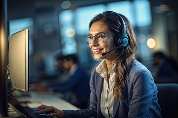 Trabajador del centro de llamadas siempre sonriente operador de atención al cliente en el trabajo joven empleado que trabaja con un auricular	