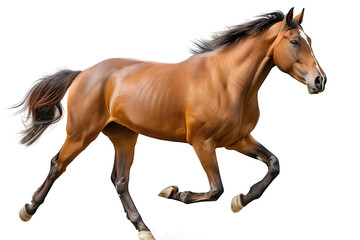 A stunning image capturing a brown horse in mid-gallop, showcasing its strength and grace, ideal for equestrian themes.
