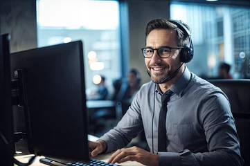 Rugzak Trabajador del centro de llamadas siempre sonriente operador de atención al cliente en el trabajo joven empleado que trabaja con un auricular  © Fabian