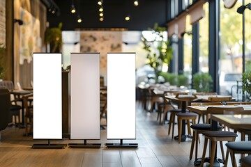 roll up mockup poster stand in an shopping center restaurant mall environment as poster stand banner design