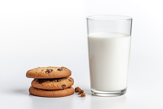 A close-up image showcasing three chocolate chip cookies stacked beside a full glass of milk, set against a clean, white background.