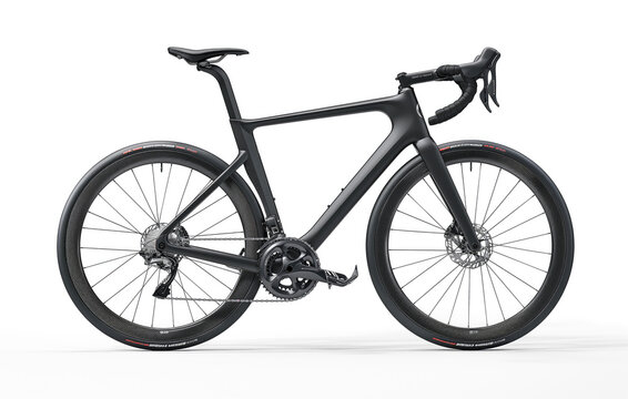 A high-resolution image showcasing a sleek, modern road bike with a matte black finish, aerodynamic design, and premium components, isolated on a white background