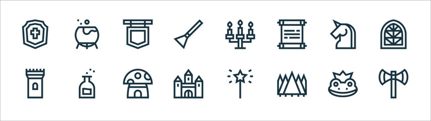 fairytale line icons. linear set. quality vector line set such as axe, forest, castle, tower, unicorn, pendant, candelabra, cauldron. - obrazy, fototapety, plakaty