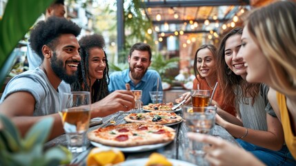 meeting or group of friends eating pizza on a terrace in summer