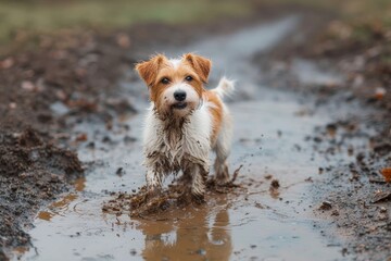 A playful brown dog of a certain breed enjoys the simple pleasures of the great outdoors, standing proudly in a muddy puddle, his wet fur glistening in the sunlight