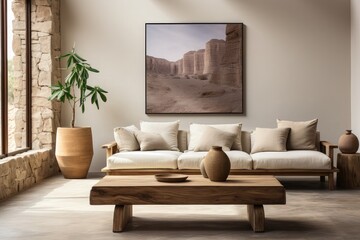 Living room with a blank wall background, a versatile canvas for creative design and decor,