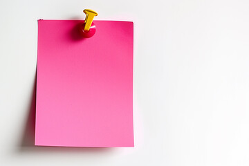 one Pink colored sticky note pinned on a white background, Empty blank note paper stick on white board, pinned Reminder memo isolated on flat wall, Pink color blank sheet paper on white background