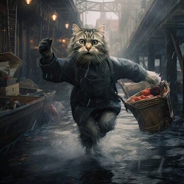 a thief cat running from a fish market, Funny cat photo