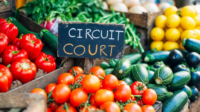 stand de l&eacute;gumes avec pancarte "Circuit court" sur un stand de march&eacute;