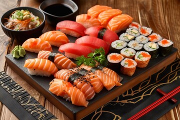 A beautifully presented platter of fresh and vibrant japanese delicacies, including salmon sashimi, california rolls, and gimbap, sits upon a table adorned with nori garnishes and surrounded by the a