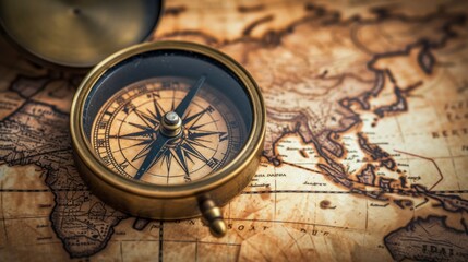 Fototapeta na wymiar beautiful compass on a real old map in high resolution and quality. concept maps and compass on continents and sea of ​​the world