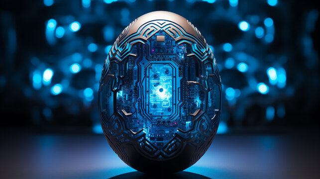 Digital Easter egg circuit background image. Electronic egg desktop wallpaper picture. Circuit board texture close up photo backdrop. Sci-fi cybernetics concept composition front view