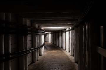 Wooden casing around the historic mine gallery. Traditional materials used in mine security