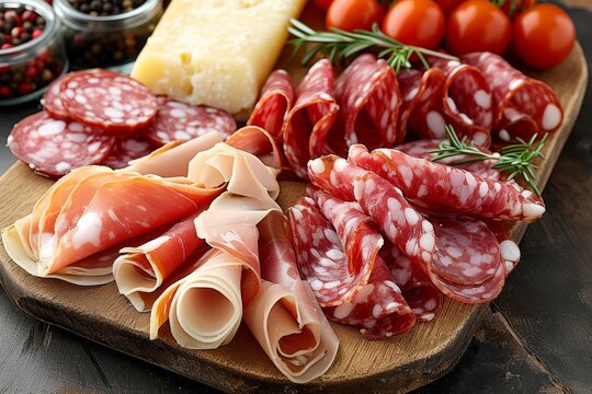 Indulge in a decadent spread of savory meats and cheeses, as you savor the rich flavors of cured salami, prosciutto, and soppressata on a rustic cutting board