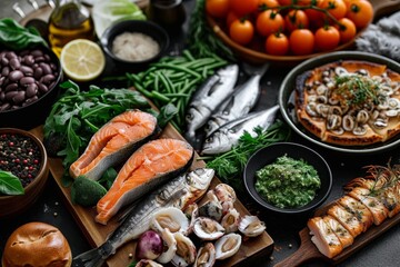 A bountiful spread of delectable seafood and fresh produce from the market, showcasing a mouth-watering assortment of fish products and vegetables for a scrumptious indoor supper - obrazy, fototapety, plakaty