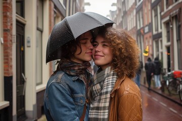 Two young women bravely stand in the pouring rain, their faces beaming with joy as they hold onto each other and their fashion accessories, showcasing their impeccable street style in their jackets a