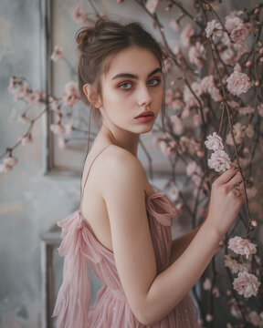 beautiful young woman in pink dress poses for photo